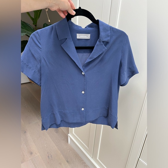 French Blue Washable Clean Silk Short-Sleeve Notch Shirt - Picture 1 of 3